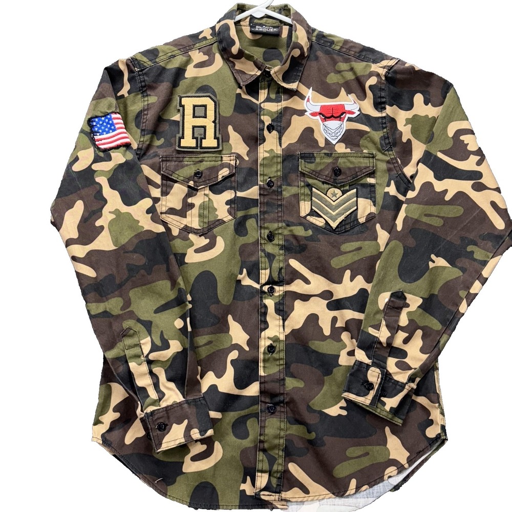 Black Lacquer Shirt Mens Medium Green Camo Military Patch Long Sleeve Button Up